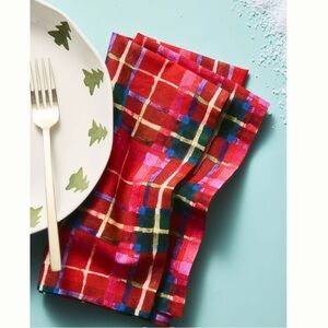 NWT Set/4 Anthropologie Tartan Dinner Napkins - Red Multi